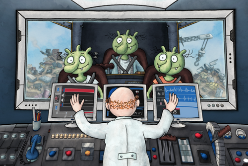Professor Brausewein vor den Monitoren, im Hintergrund drei grüne Olchis in der Weltraumrakete