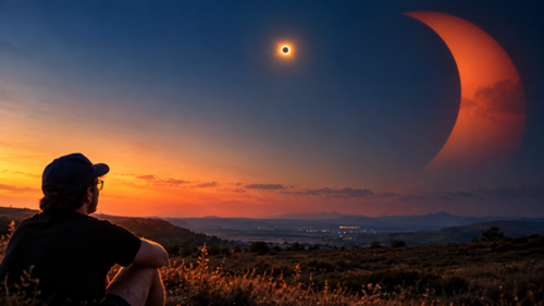 Mann beobachtet Sonnenfinsternis über Bergtal