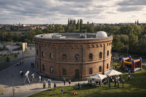 Teleskope, Hüpfburg und Veranstaltungszelte mit Gästen vor Ziegelsteinrundbau mit vielen Fenstern