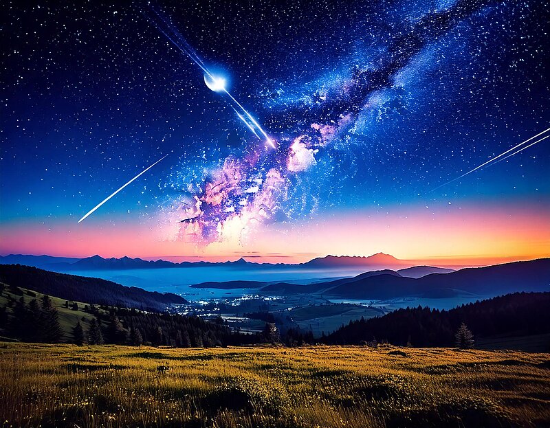 Astronomische Ereignisse Blauer sternenübersäter Himmel mit Planet und Galaxis über Sonnenuntergang in den Bergen