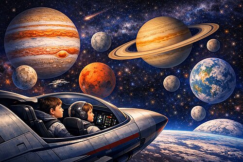 Sternprojektor vor bildfüllender Darstellung des Saturns mit Ringen im Sternsaal des Planetarium Halle