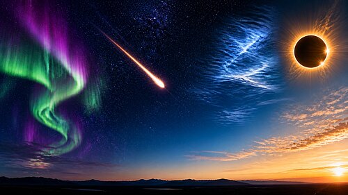 Farbenfroher Himmel mit grün-lila Polarlicht, Sternschnuppen-Bolide, zarten nachtleuchtenden Wolken und Sonnenfinsternis