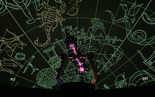 Sternprojektor vor dunkler Planetariumskuppel mit Sternbild-Zeichnungen und Sternen des Südsternhimmels