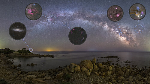 Nächtliche Milchstraße über steinigem Meeresstrand mit eingefügten Astrofotografien mit Hinweis, wo sich die Deep Sky Objekte befinden