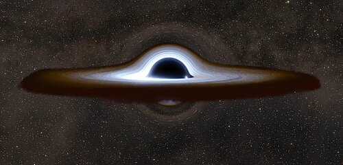 Schwarzes Loch mit Akkretionsscheibe und Lichtablenkung vor dichtem Sternenfeld