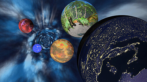 Die Erde in verschiedenen Entwicklungsstadien als Planeten-Kugel am Himmel