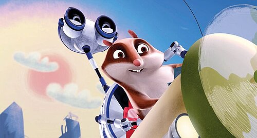 Hamster Eddi und ein Alien-Roboter im Flugzeug, im Hintergrund Wolken und eine Hochhaus-Silhouette