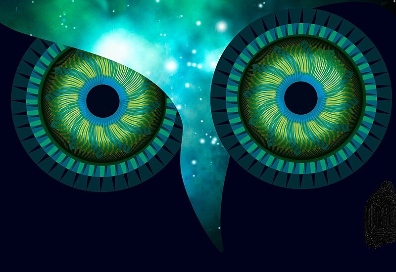 Logo Lange Nacht: Große, stilisierte grün-blaue Eulenaugen vor schwarzem Hintergrund mit schnabelförmigen Ausschnitt aus Sternhimmel 