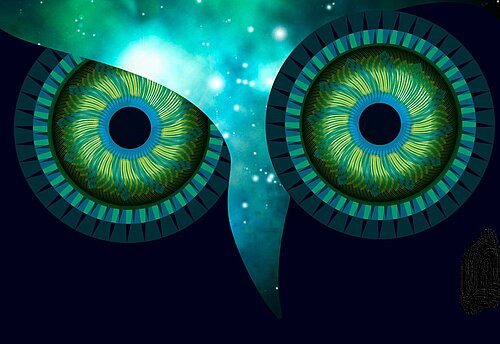 Logo Lange Nacht: Große, stilisierte grün-blaue Eulenaugen vor schwarzem Hintergrund mit schnabelförmigen Ausschnitt aus Sternhimmel 