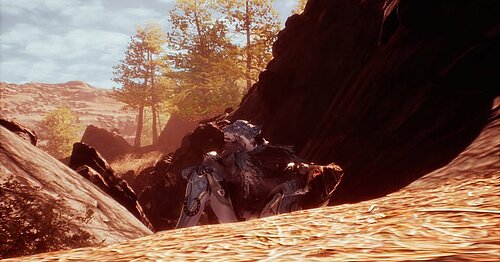 dunkles, unförmiges KI-gesteuertes Phantasiewesen "Sam" vor schmutzig-orangefarbener KI-erzeugter dystopischer Post-Klimawandel-Landschaft "Red Lake"