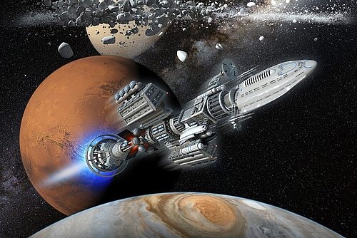 Bildcollage mit einem phantastischem Raumschiff zwischen Jupiter, Mars und Saturnringen.