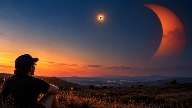 Mann beobachtet Sonnenfinsternis über Bergtal