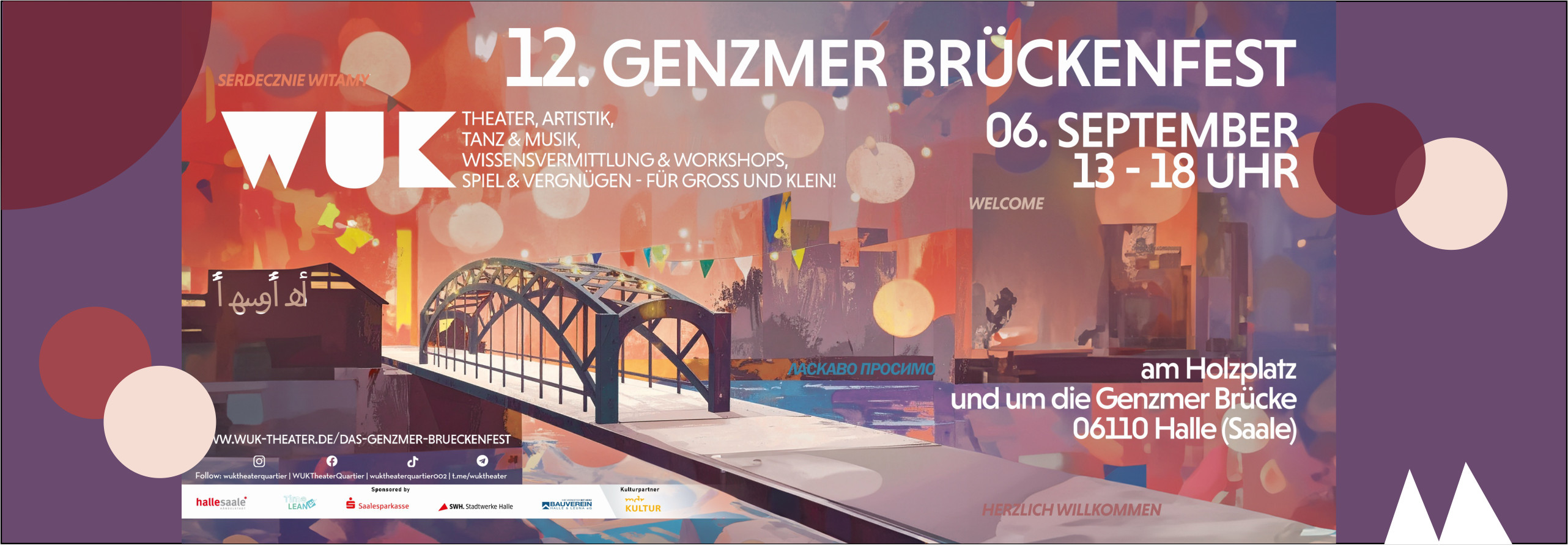 Farbenfrohe, künstlerische Darstellung der Genzmer Brücke und Umgebung sowie verschiedene Schriftzüge, unter anderem 12. Genzmer Brückenfest und das Logo des WUK Theaterquartiers.