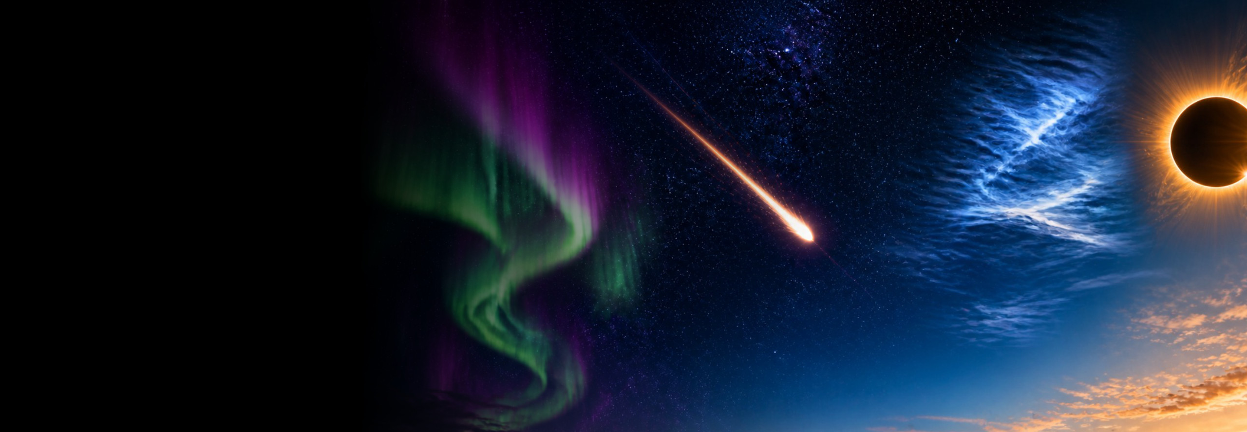 Es werden verschiedene Himmelsphänome wie Polarlichter, Sternschnuppen, Nachtleuchtende Wolken und eine Sonnenfinsternis bildlich dargestellt.