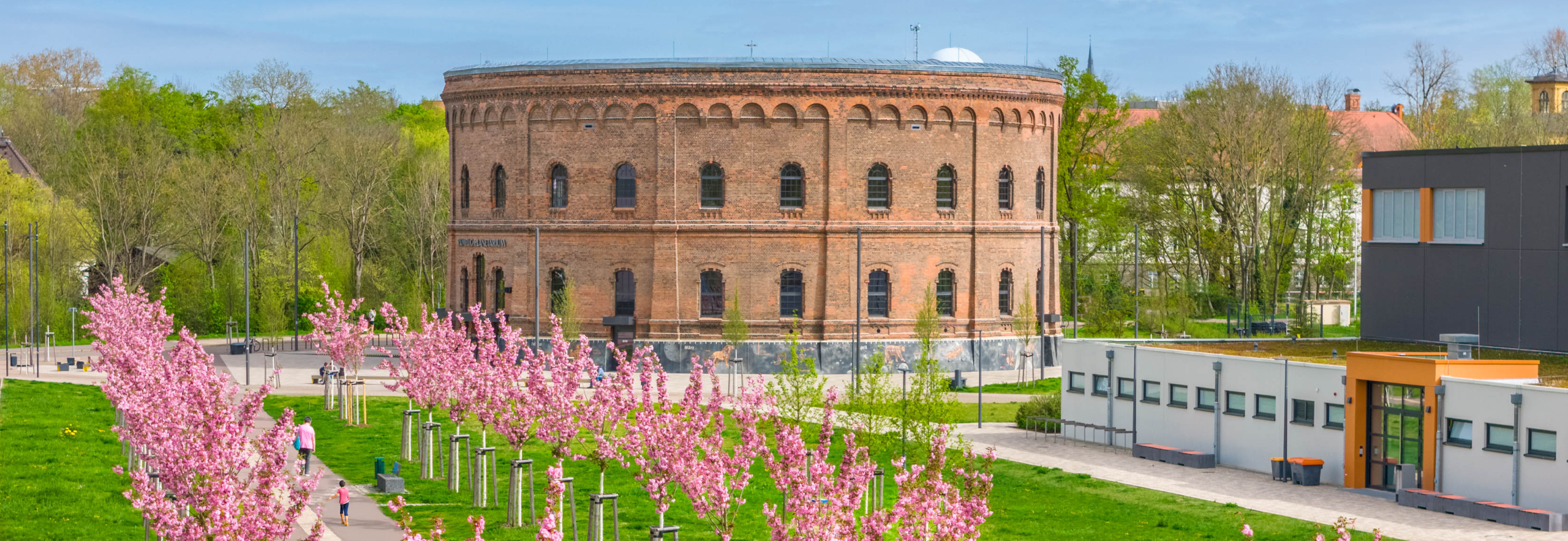 Planetarium in Frühling mit Kirschblütenallee