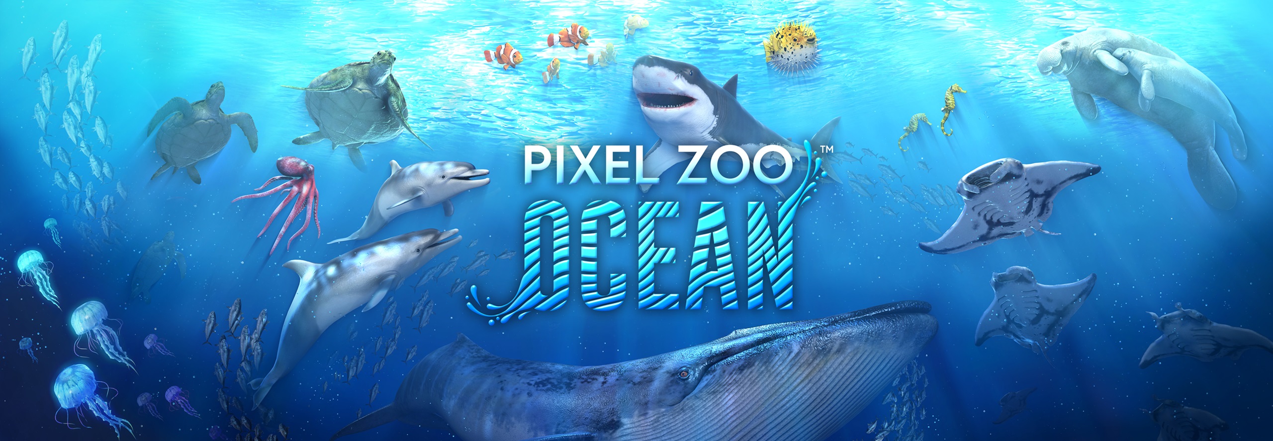 Schildkröten, Oktopus, Delphine, Hai, Wal, Kugelfisch und andere Tiere im blauen Meer