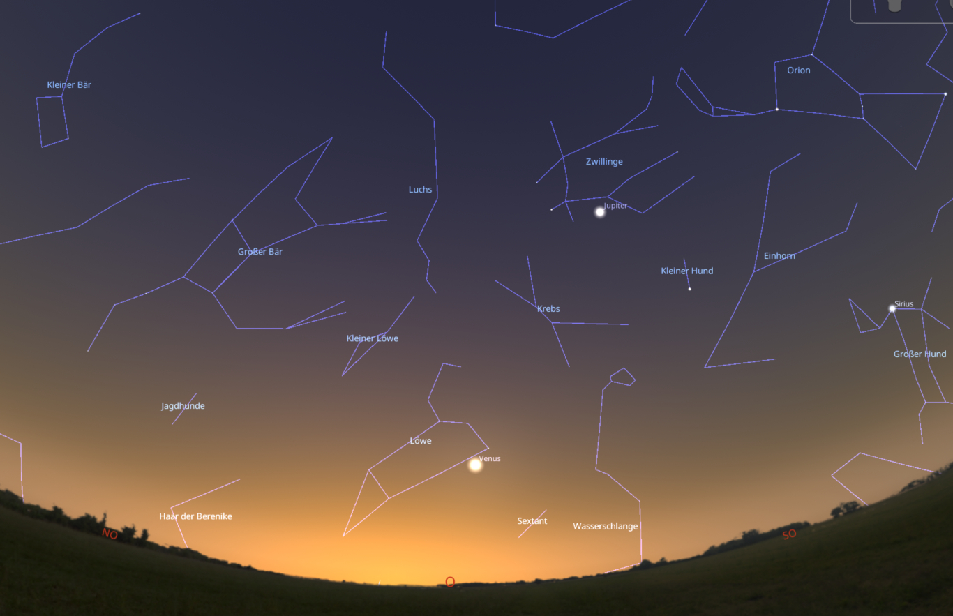 Sternenhimmel bei Dämmerung mit zahlreichen markierten und beschrifteten Sternbildern sowie den Planeten Jupiter und Venus.