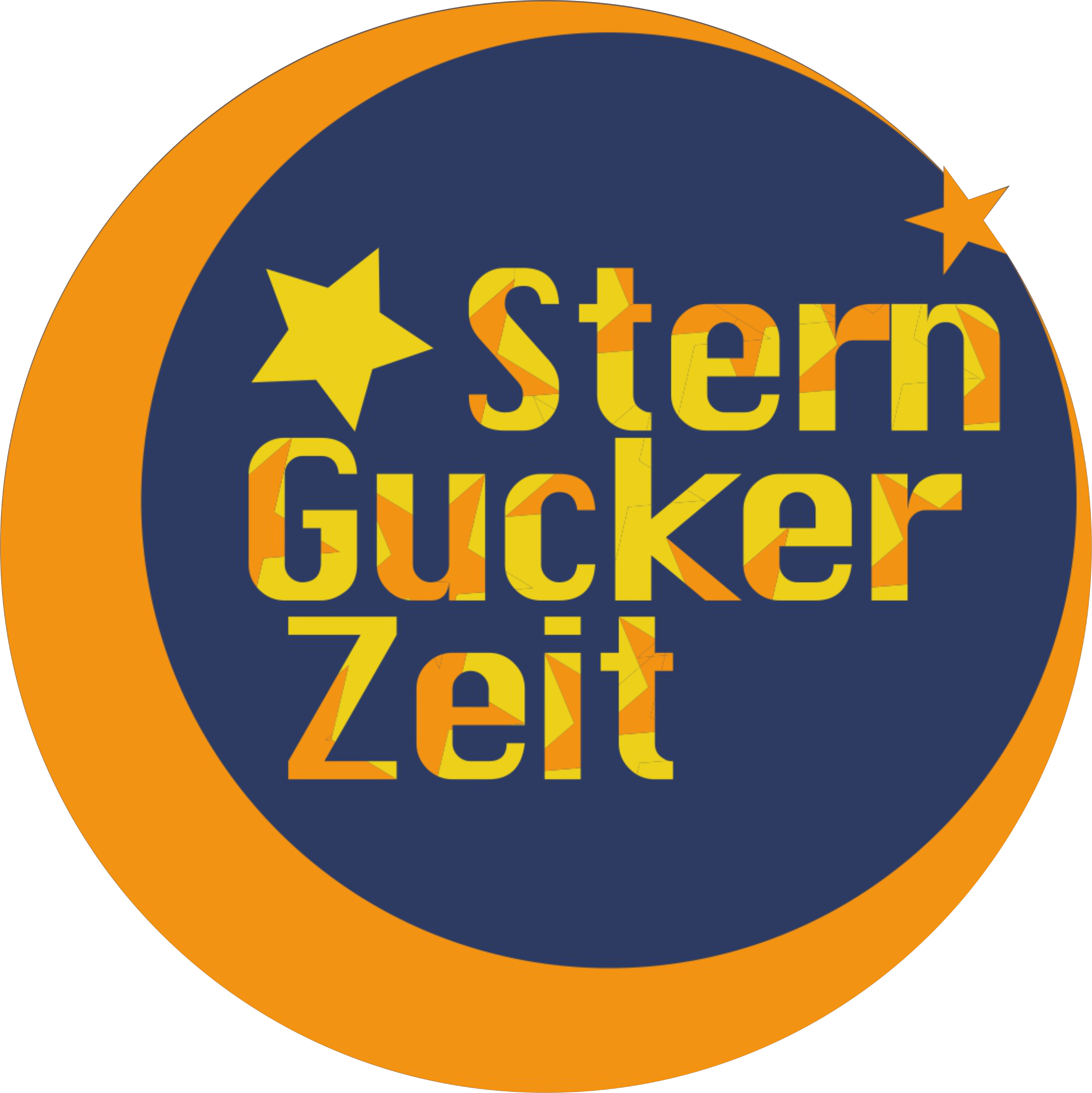 Blauer Kreis mit orangefarbenem Mond, zwei Sternen und orange-gelbem Schriftzug Sternguckerzeit