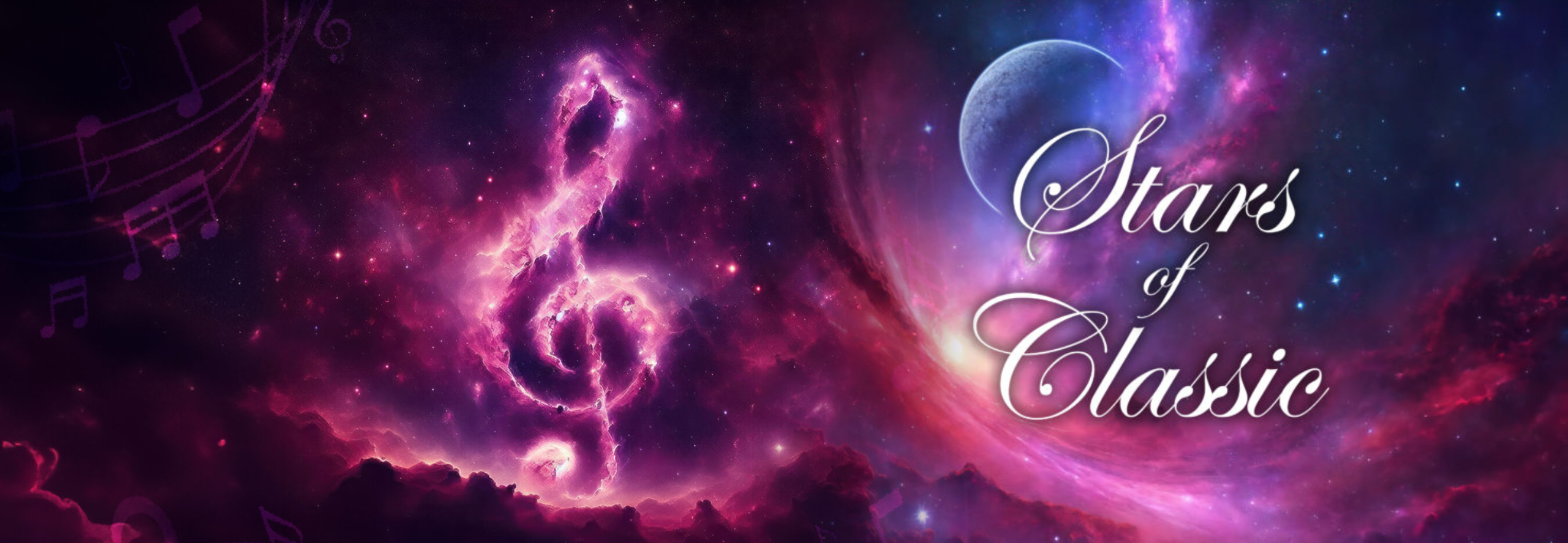 Eine künstlerische Darstellung kosmischer Welten mit einem Notenschlüssel und dem Schriftzug Stars of Classic in geschwungener Schrift im Vordergrund