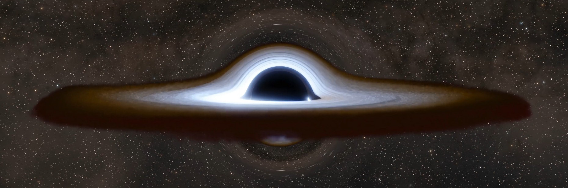 Schwarzes Loch mit dunklem Rand, schwarzem, lichtumflutetem Kern vor nebelerfülltem Sternhimmel