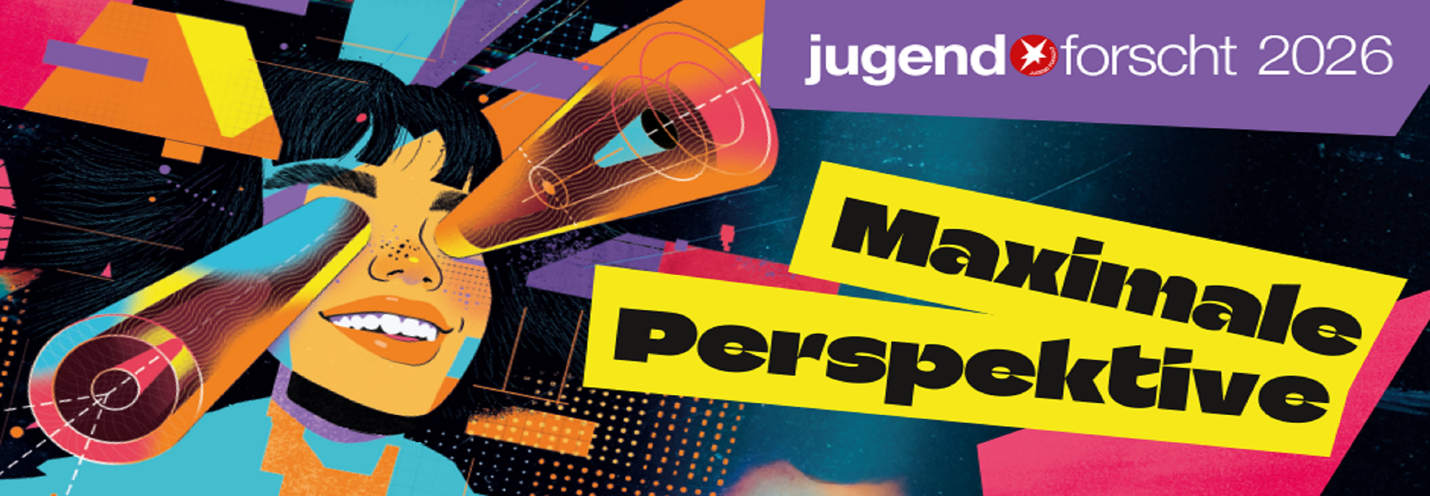 Schriftzug Maximale Perspektive auf Plakat mit eckigen Formen in Primärfarben und Kopf einer lächelnden jungen Frau, deren Augen mit perspektivischen Kegelprojektionen bedeckt sind