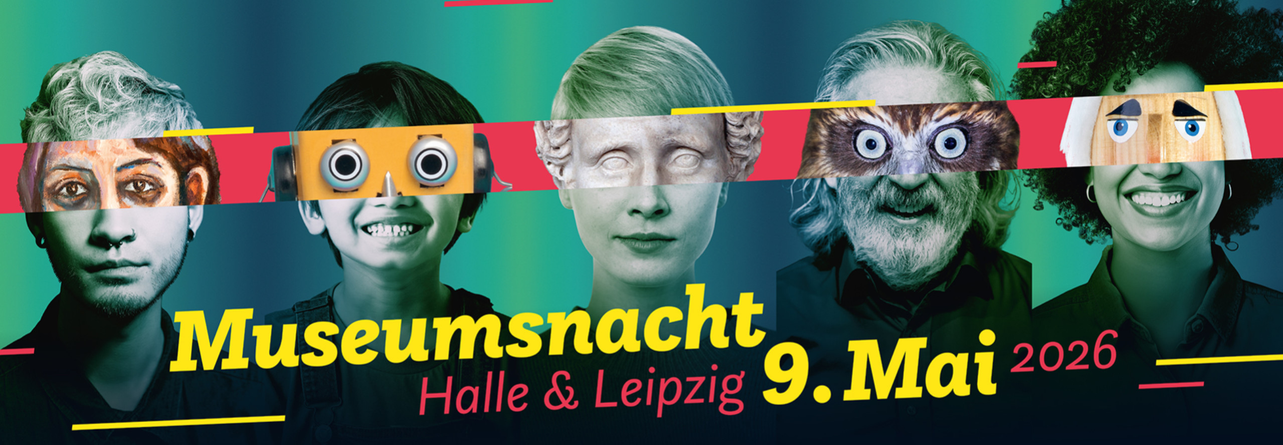 Mehrere Personen blicken frontal in die Kamera, ihre Augen sind jeweils durch kreative Motive ersetzt – darunter ein bemaltes Gesicht, ein technisches Objekt, eine Marmorstatue, Eulenaugen und gezeichnete Comicaugen. Der Hintergrund ist farbenfroh gestaltet mit grafischen Elementen in Grün, Blau, Rot und Gelb.