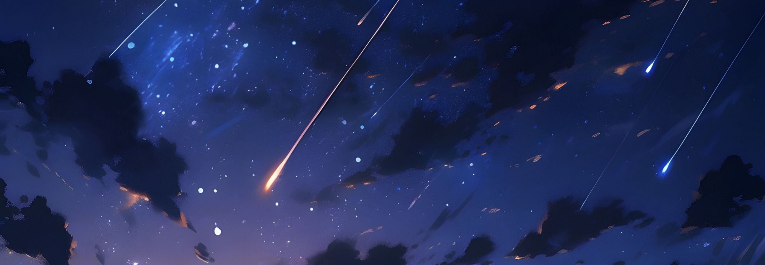 Mehrere helle Meteore sind in als Leuchtspuren vor dem dunklen Himmel zu sehen.
