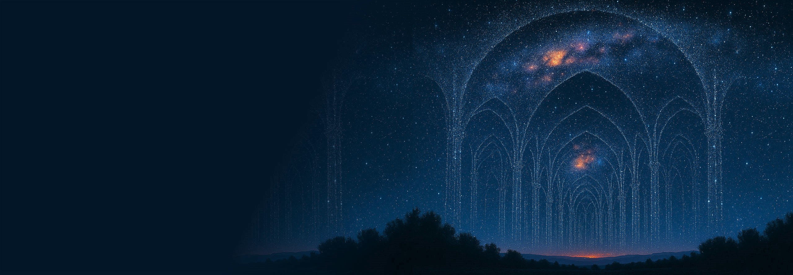 Viele Sterne formen am Abendhimmel symbolhaft ein Kirchengebäude.