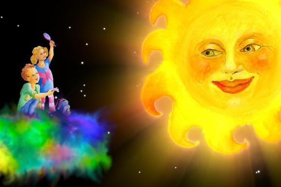 Sternfee Mira Lilly und Tom vor der Sonne Lilly und Tom reisen im All auf einer bunten Zauberwolke und reden mit der freundlichen Sonne.