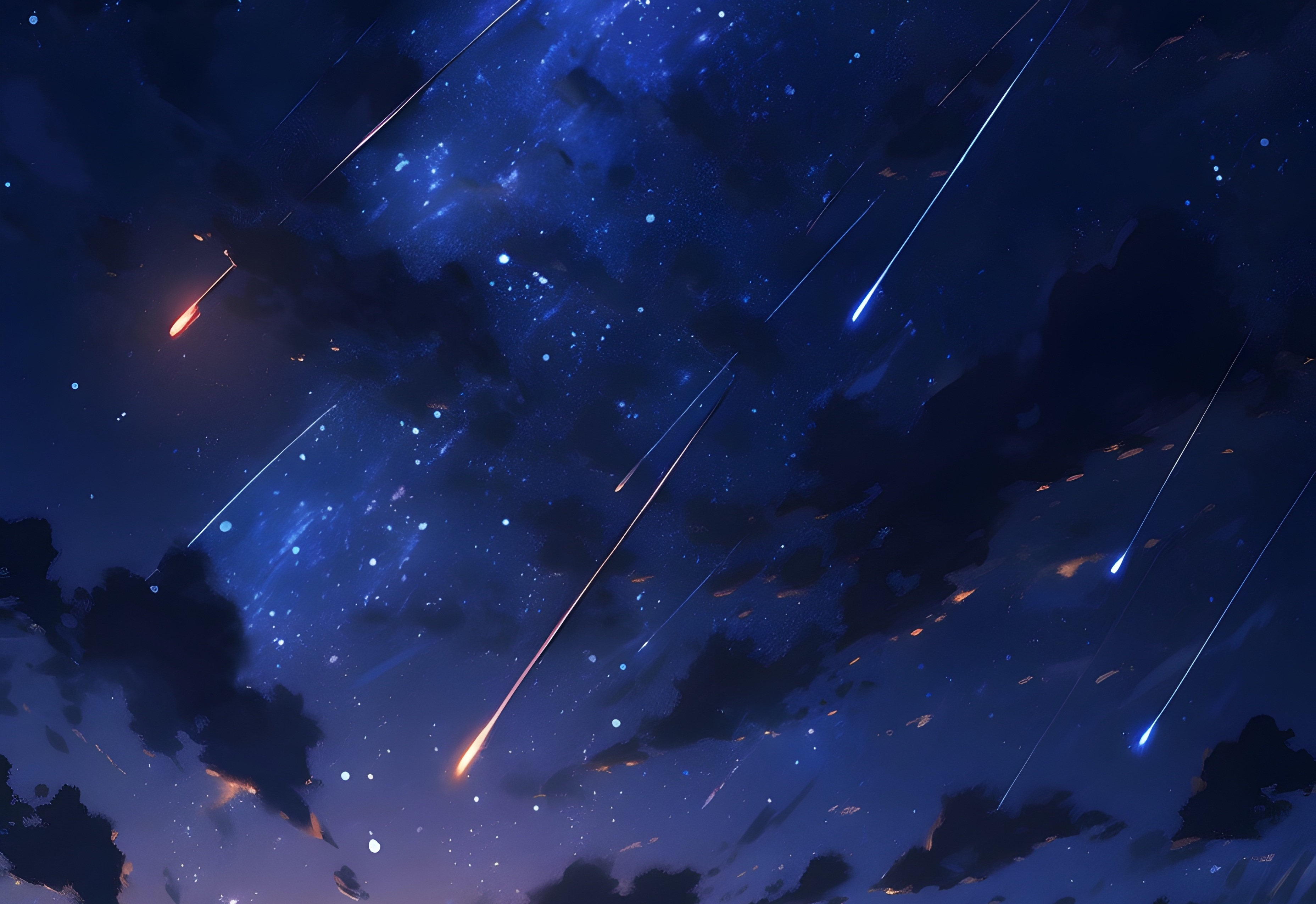 Nachtblauer Himmel mit Sternen, dunklen Wolken und leuchtenden Sternschnuppen