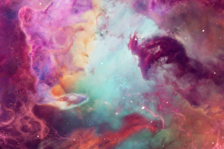 Kosmischer Nebel in rosa und türkis Tönen mit Sternen