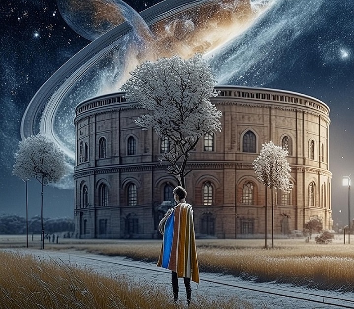 Mann mit Handtuch vor Galaxien-Kollision über dem stilisierten Planetarium Halle
