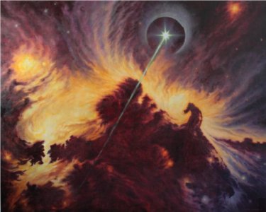 Rotschwarzer Sternennebel vor sonnengelbem Hintergrund mit weißleuchtendem Stern, der einen hellen Lichtstrahl durch das Gemälde sendet.durch 